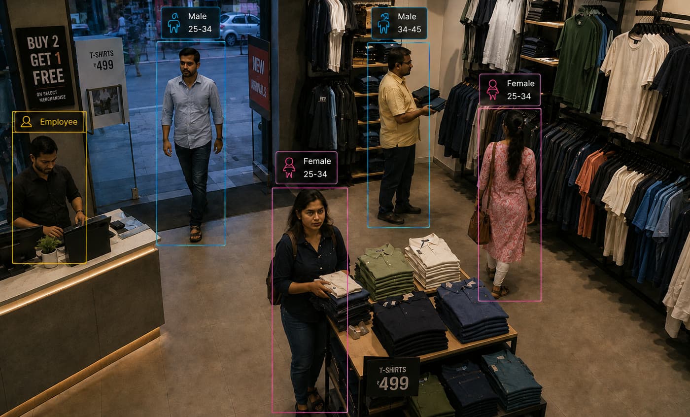 Illustrative store entrance: customers are counted with an age band, and the employee at the counter is told apart from customers.