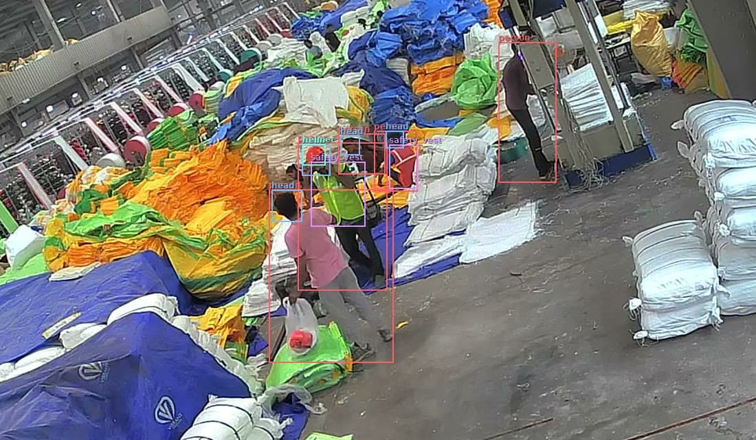 Snapshot from the roll stock area camera with helmet, head and safety vest detections.